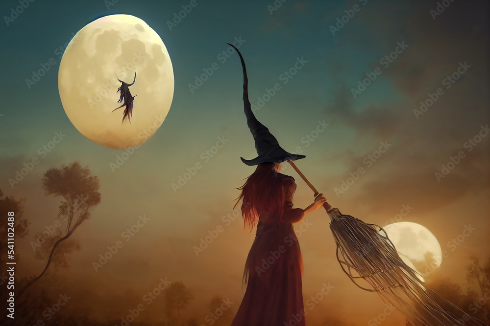 halloween witch flying on the broom, witch flying over the moon video ...