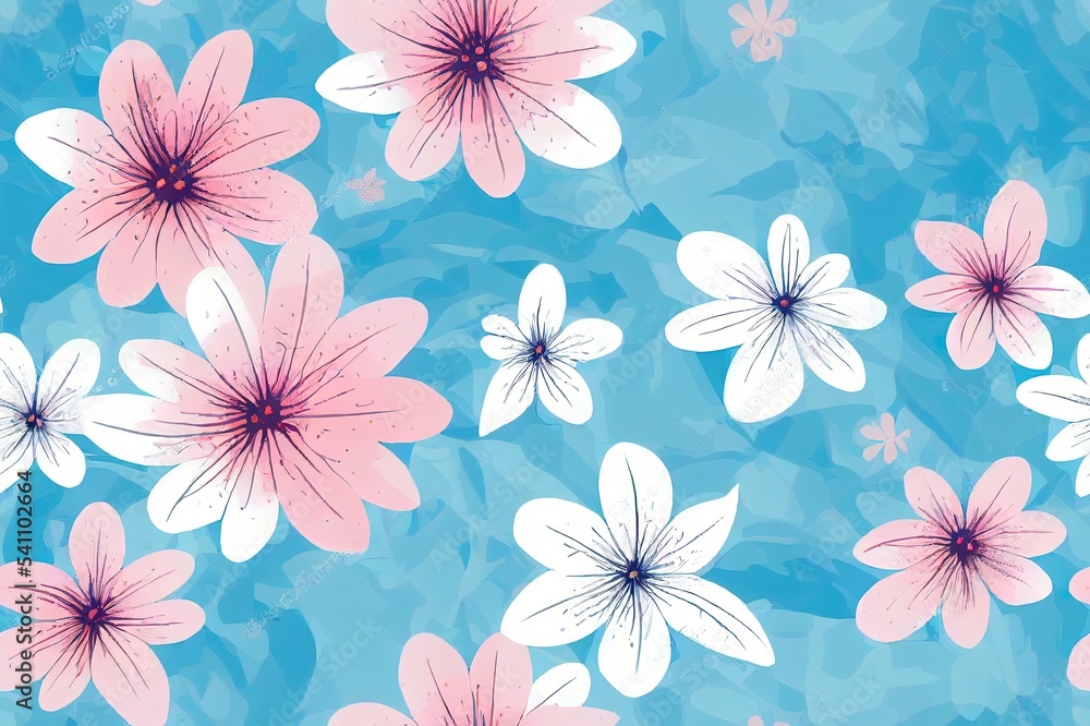 Floral pattern. Pretty flowers on light blue background. Printing with small white and pink flowers. Ditsy print. Seamless 2d illustration texture. Spring bouquet. Stock 2d illustration.