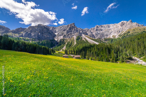 Idyllic Alpine landscape near St Magdalena, Val di Funes, Dolomites alps, Italy