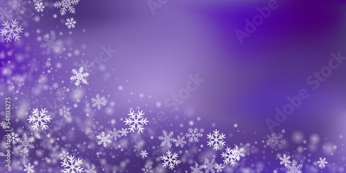 Magic falling snow flakes pattern. Snowstorm speck freeze elements. Snowfall weather white purple design. Many snowflakes christmas theme. Snow hurricane scenery.