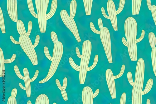 Seamless pattern 2d illustration summer cactus on desert, summer tropical pattern background with cactuses, succulents. Perfect for wallpapers, surface textures, textile. Isolated on white