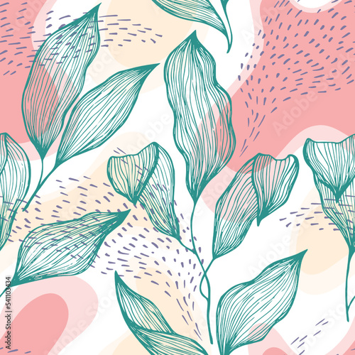 Sketch style doodle line texture leaves over stains and dots seamless vector pattern organic design.