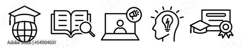 Conjunto de icono de aprendizaje. Educación, estudiar,, aprender, investigación, leer. Ilustración vectorial