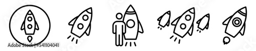 Conjunto de icono de lanzamiento de cohete. Nave espacial despegando, en marcha. Ilustración vectorial