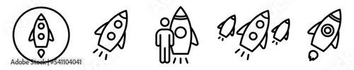 Conjunto de icono de lanzamiento de cohete. Nave espacial despegando, en marcha. Ilustración vectorial