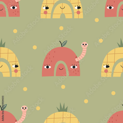 Seamless rainbow pattern with cute apple and pineapple. Vector illustration