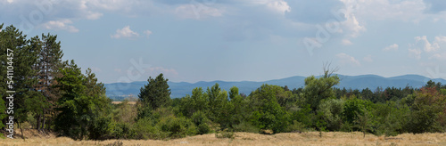 Panoramic terrain of southern Europe. Landscape of Bulgaria-mountains, fields, flora.