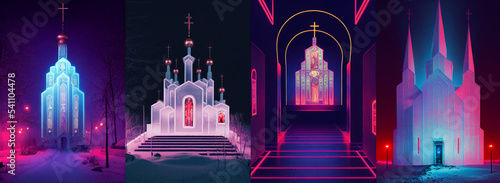 Fotografie, Obraz Cyberpunk Orthodox church of the holy sepulchre, russian church, neon lights, co