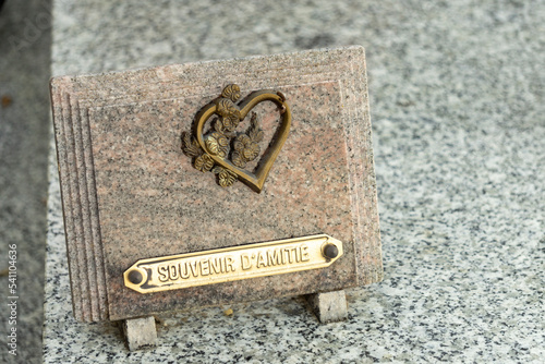 Funerary plaque in pink marble decorated with a heart entwined with flowers, with the inscription:"Memory of Friendship"