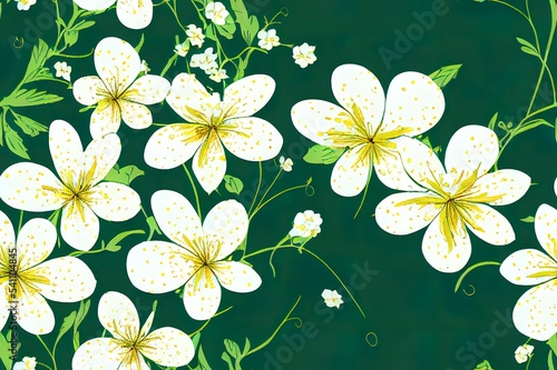 Floral pattern. Pretty flowers on white background. Printing with small yellow flowers. Ditsy print. Seamless 2d illustration texture. Spring bouquet.