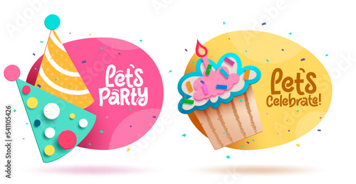 Birthday party vector set design. Let's party and celebrate lay out decoration for invitation card collection background. Vector Illustration.