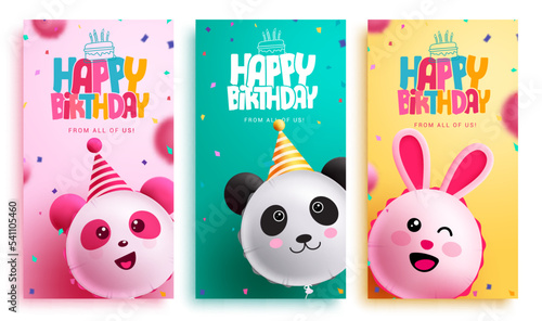 Birthday poster set vector design. Happy birthday greeting text with character balloons lay out collection. Vector Illustration.