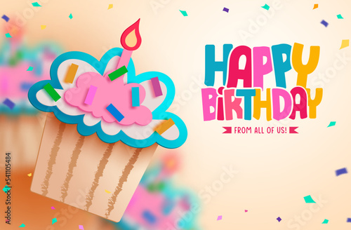 Happy birthday text vector background design. Birthday cupcake in paper cut party decoration elements in blurred background. Vector Illustration.