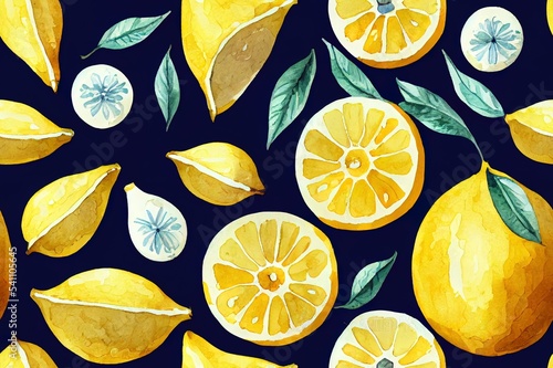 Beautiful seamless pattern in Sicilian style with hand drawn watercolor lemons and blue tiles. Stock illustration. photo