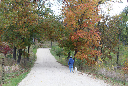 Man walking a dog on a trail in autumn at Lakewood Forest Preserve in Wauconda, Illinois