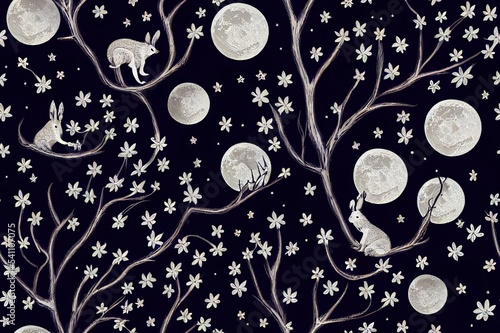 Fairy forest seamless pattern. Moon, stars, hare, squirrel, owl, flowers and mushrooms on a black background.