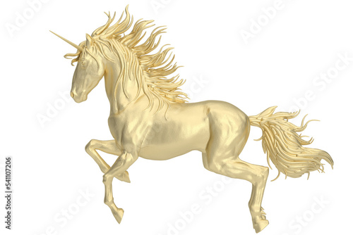 Gold unicorn isolated on white background. 3D rendering. 3D illustration.