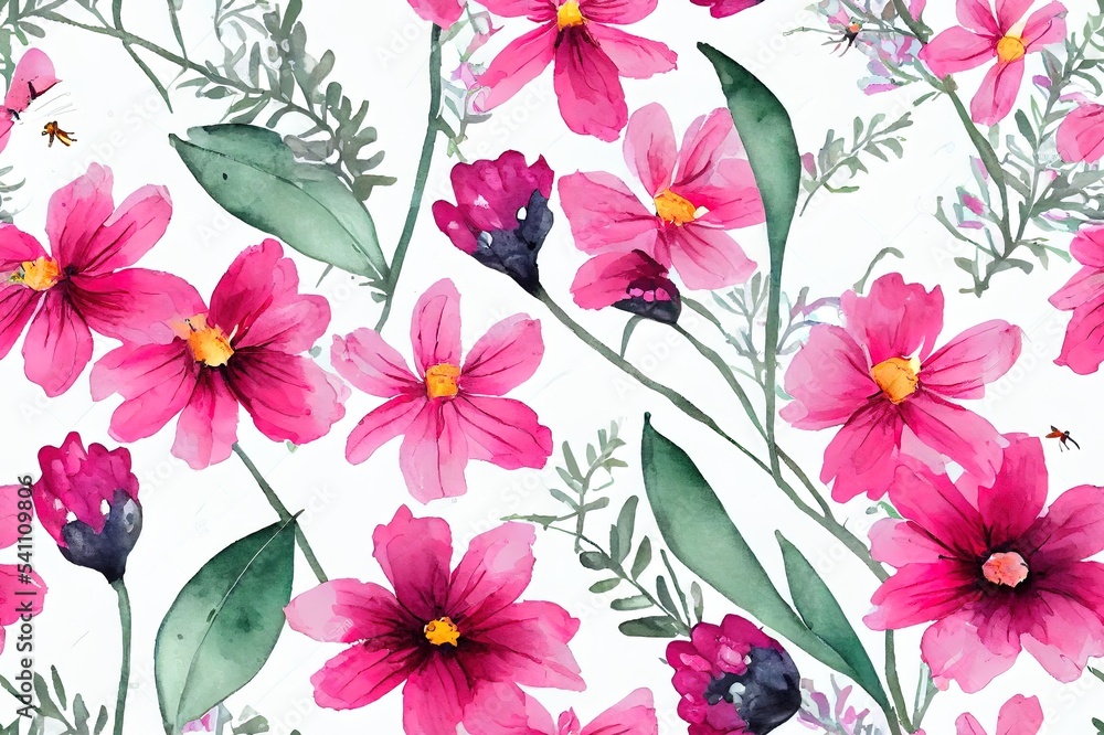 Cute and pretty watercolor floral seamless pattern on pink background. Hand painted wildflowers, bees, butterfly, leaves botanical print. Illustration for Easter design.