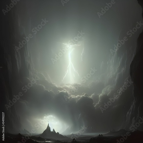 AI-generated digital art of a storm strike from above surrounded by clouds
