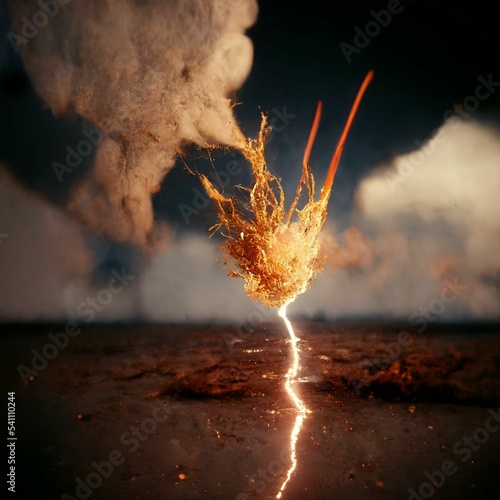 AI-generated digital art of an illuminated lightning explosion with gray smoke on a dark background