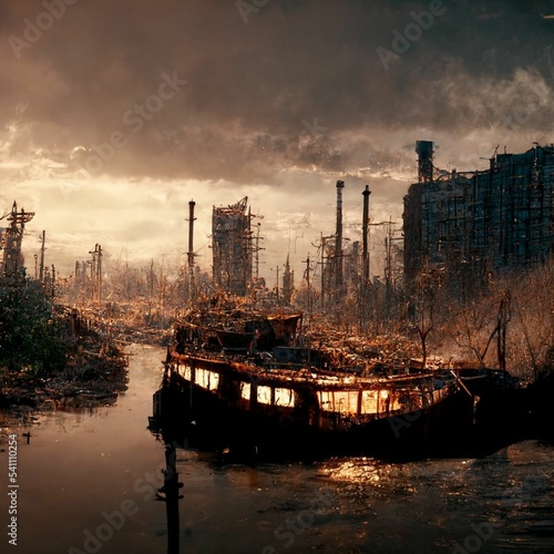 AI-generated digital art of a post-apocalyptic city with destroyed buildings, a boat and trees