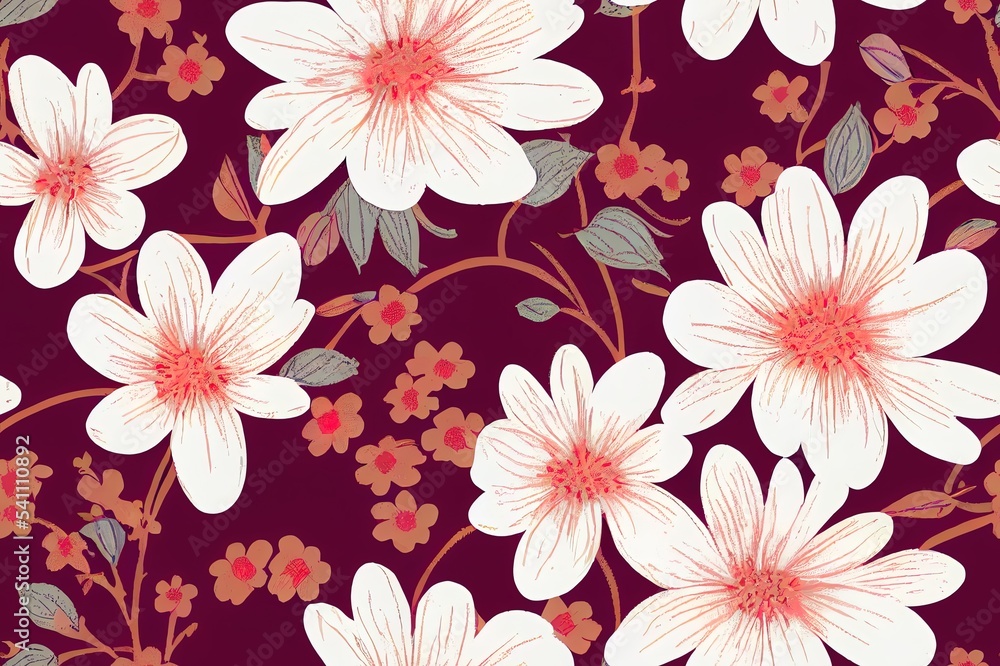 Bloom. Vintage floral seamless pattern. Spring flowers. Coral color