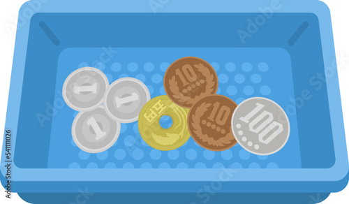 お釣りトレーにのせた、お金のイラスト

