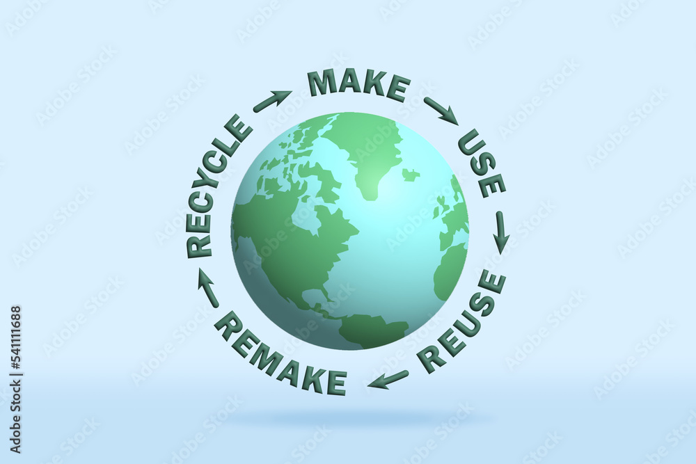 Circular Economy, make, use, reuse, remake, recycle with world sustainable consumption, save the planet zero waste eco concept. 3D render Circular Economy, make, use, reuse, remake, recycle with world sustainable consumption, save the planet zero waste eco concept. 3D render