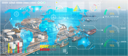 World map with Global logistic network distribution.Oil Refinery production for Online international order worldwide concept.Oil tanker. Oil loading dock of business logistic, Cargo ship import export