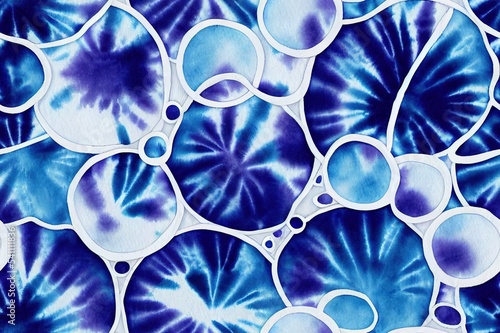 Tie dye shibori seamless pattern. Watercolor hand painted indigo black colored circle elements on white background. Watercolour abstract texture. Print for textile, fabric, wallpaper, wrapping paper.