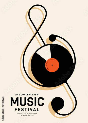 Music festival poster design template background with vinyl record