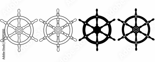 outline silhouette Ship wheel set isolated on white background
