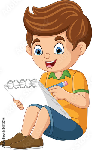 Cartoon little boy sitting and writing on notebook