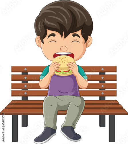 Cartoon little boy eating hamburger on bench