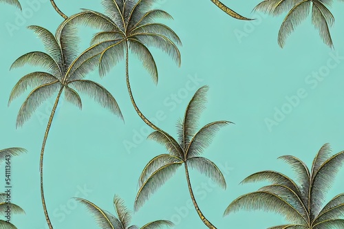 Tropical park ink drawn palm trees, pagoda, peacock, arch summer floral seamless pattern.Exotic jungle wallpaper.