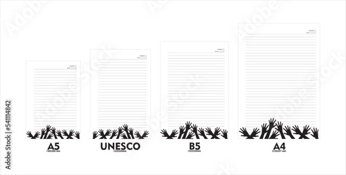 A5, A4, B5 and unesco size notebook design with flailing hand background image. vector one set