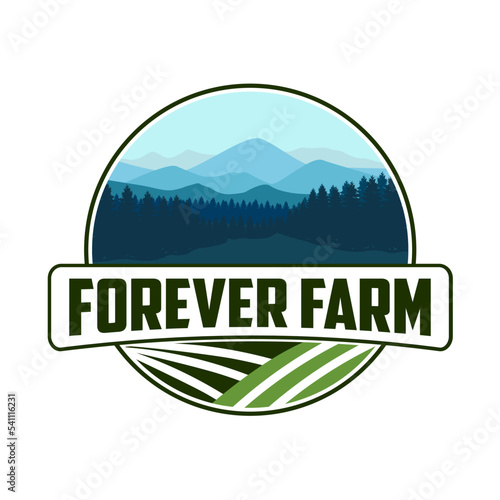 Landscape mountain, forest and farm forever logo vector