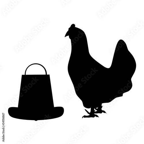 Vector silhouette of a chicken with its food holder on a white background. Great for chicken farm logo
