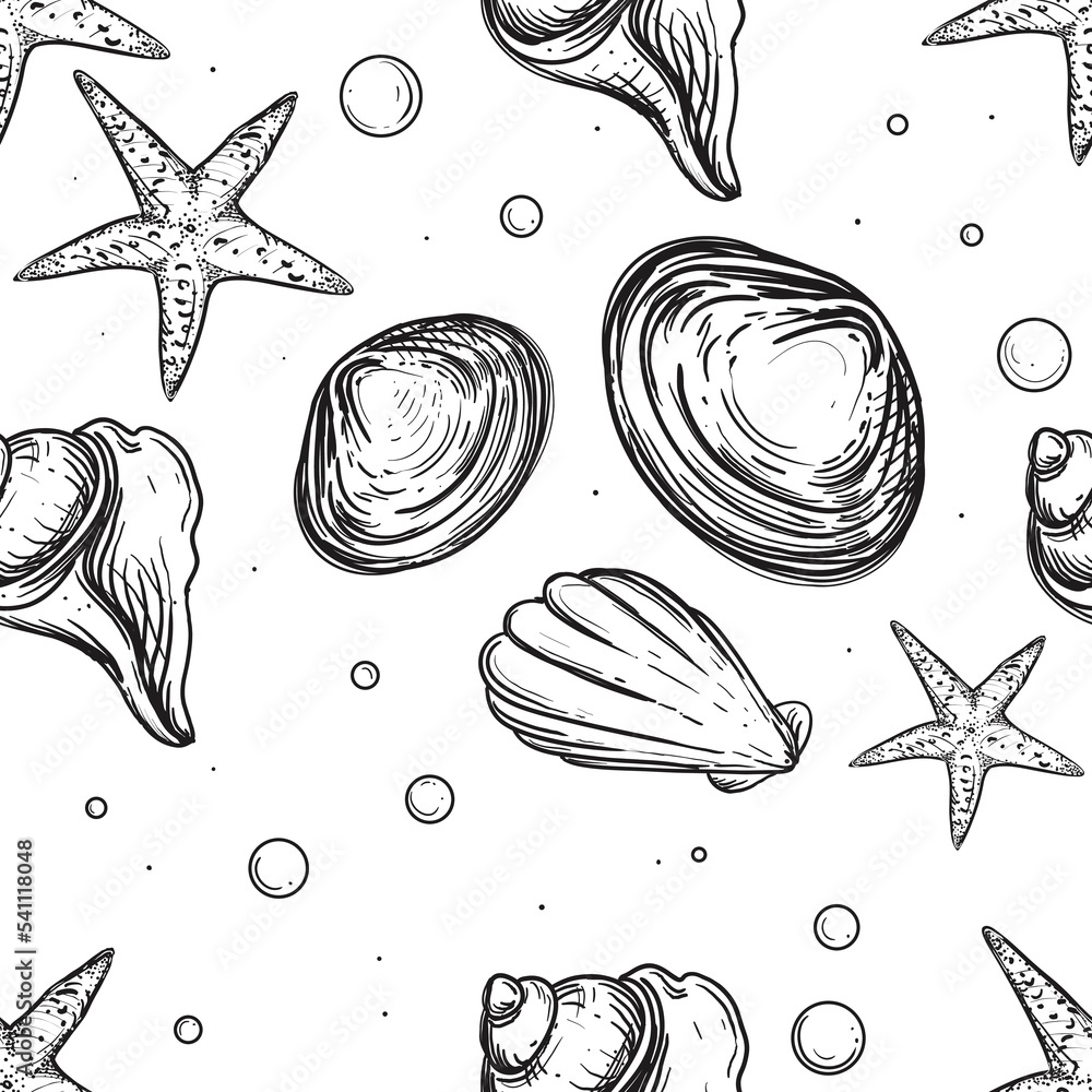 Detailed hand drawn black and white illustration seamless pattern of ...