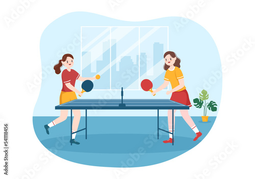 People Playing Table Tennis Sports with Racket and Ball of Ping Pong Game Match in Flat Cartoon Hand Drawn Templates Illustration
