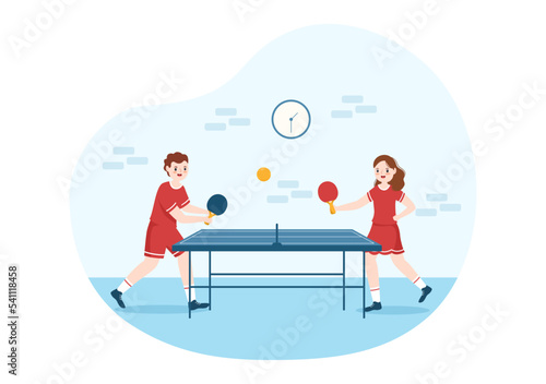 People Playing Table Tennis Sports with Racket and Ball of Ping Pong Game Match in Flat Cartoon Hand Drawn Templates Illustration