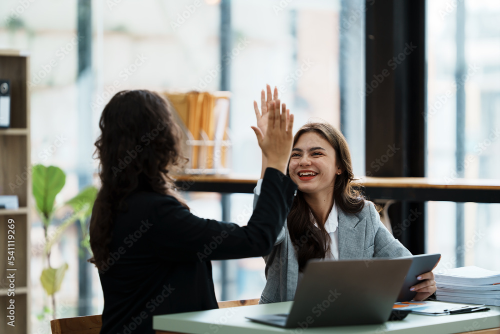 Two happy friendly diverse professionals, giving high five standing in office celebrating success, good cooperation result, partnership teamwork and team motivation in office work. Two happy friendly diverse professionals, giving high five standing in office celebrating success, good cooperation result, partnership teamwork and team motivation in office work.