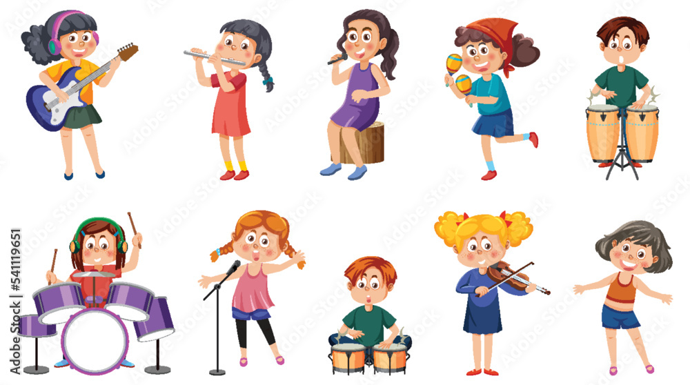 Set of different kids playing music Set of different kids playing music