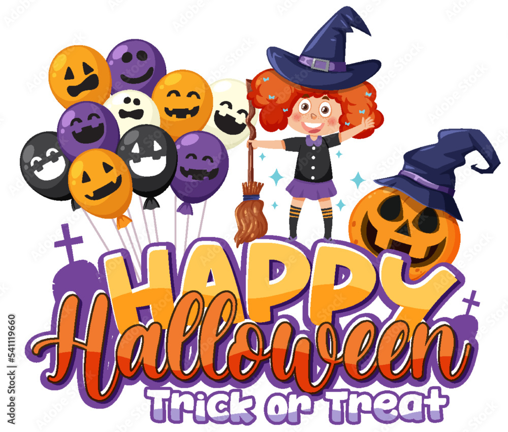 Witch girl with happy halloween font logo Witch girl with happy halloween font logo