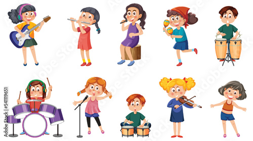 Set of different kids playing music
