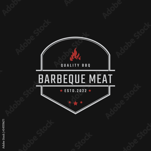 Vintage Retro Badge Emblem Rustic Stamp with Fire Flame for Traditional BBQ Barbecue Logo Design Linear Style