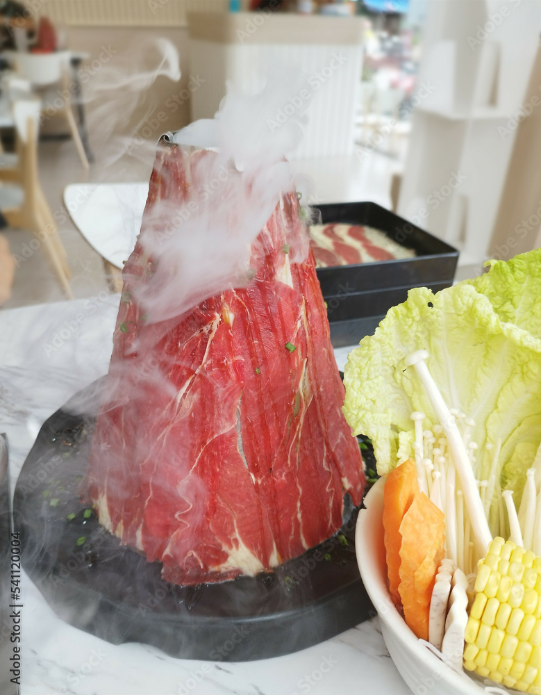 Beef Volcano Slices With Dry Ice And Smoke. Beef Slices Very thin for