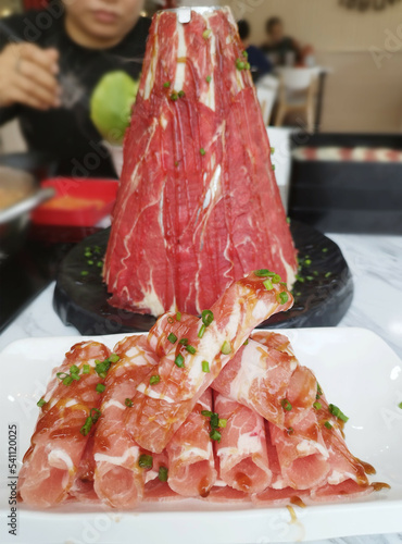 Pork Belly Sliced Roll And Beef Volcano Slices Very thin for Shabu-shabu, Stir-fry, Sukiyaki and Yakiniku.