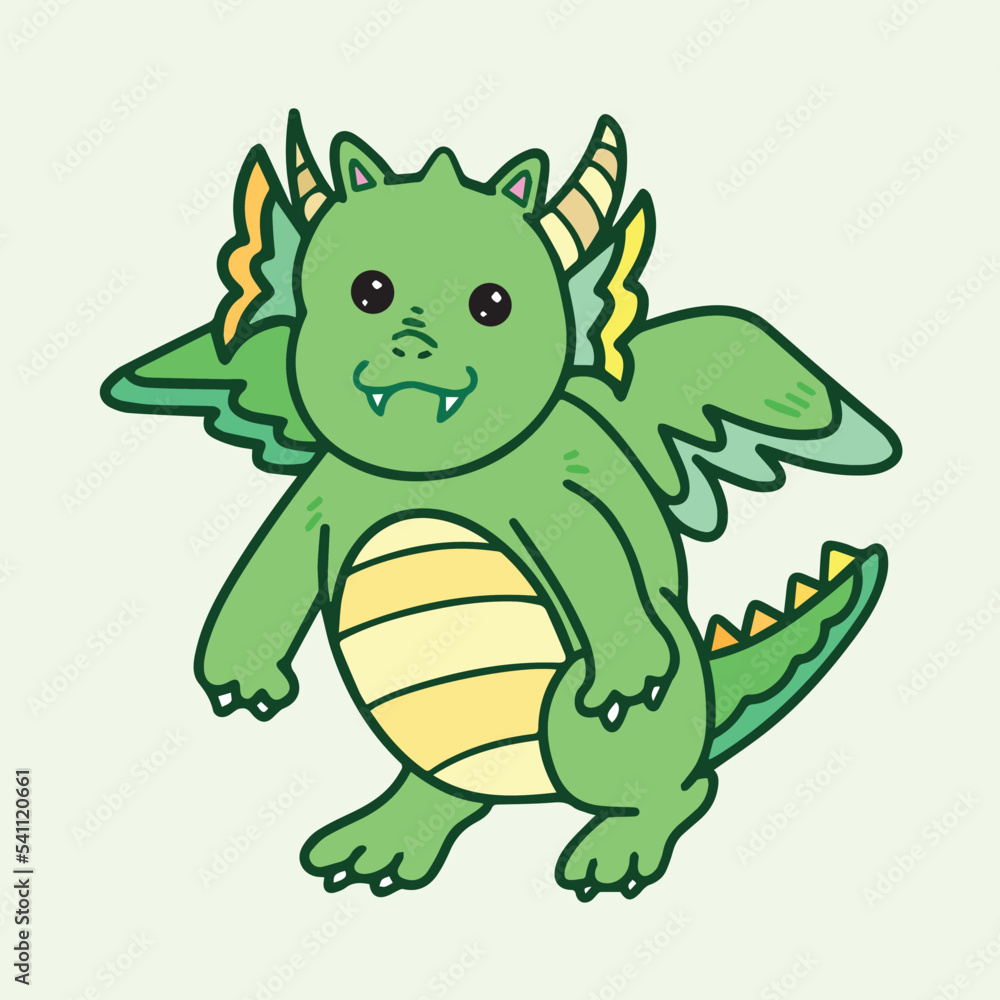 Obraz premium Cute green kawaii dragon character mascot with wings and horns. Cartoon style vector illustration drawing with flat color and clean line art