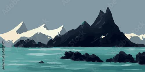 Ice landscape with mountains, rocks and sea, minimalistic modern travel poster